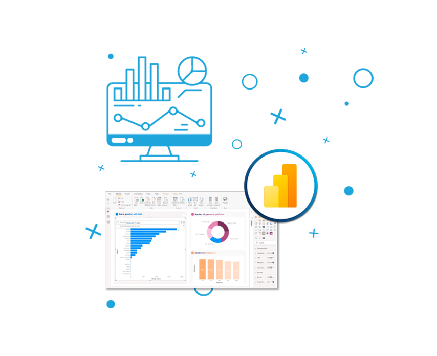 Ícone de gráficos analíticos com uma tela e o logotipo do software Power BI