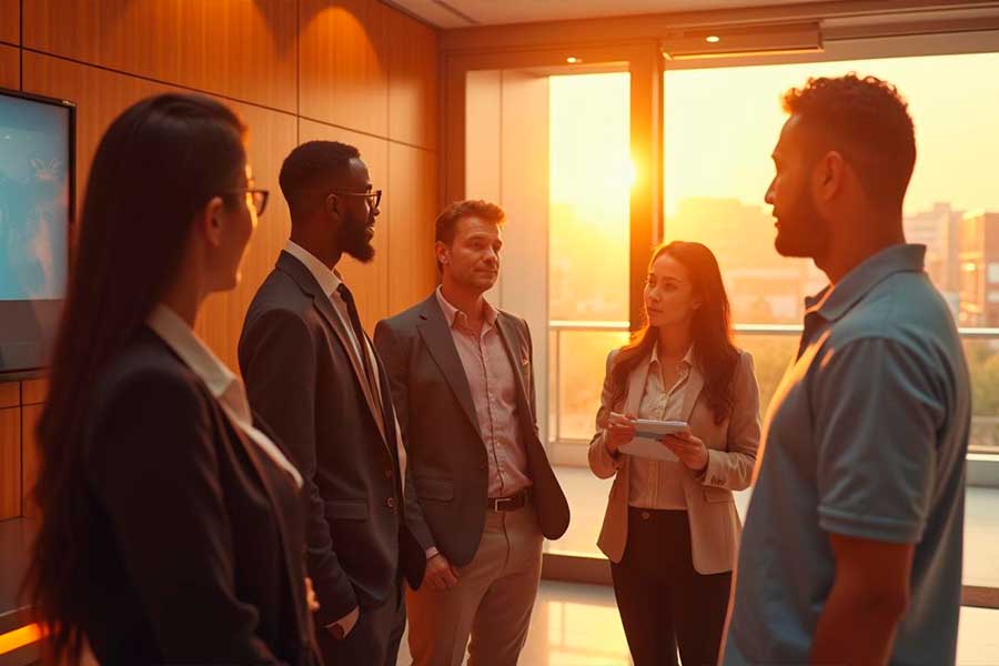 Pessoas em uma reunião conversando sobre o planejamento de um evento corporativo