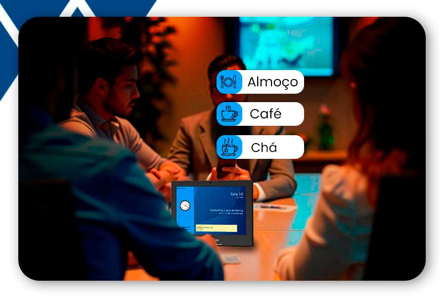 meeting assistant instralado em um table screen equipamento do neptune encima de uma mesa reuniao em um escritório.
