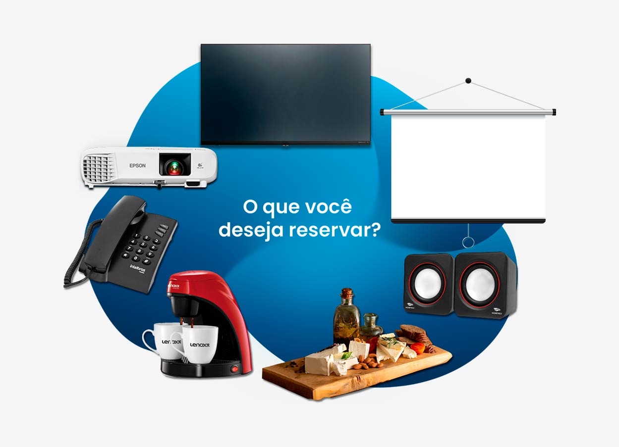 Recursos reservaveis do escritório como projetor, computador, televisão.