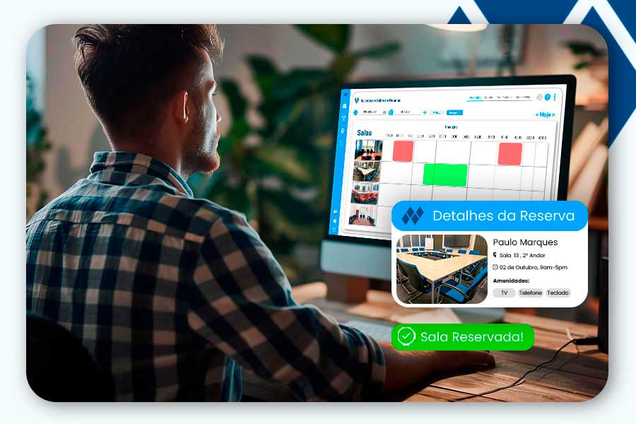 Uma pessoa procurando uma sala de reuniao disponivel para reservar pelo software do Neptune