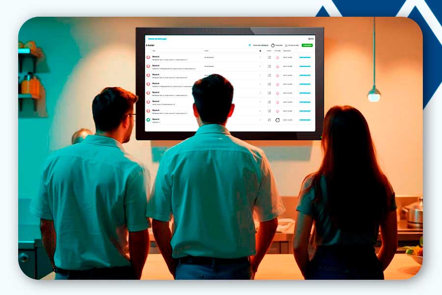 Equipes de atendimento e suporte observando as solicitações em uma tv com o service assitant instalado.